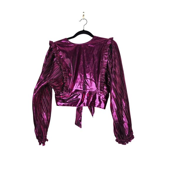 NEW LoveShackFancy S Fuschia Pink Shiny Metallic Missy Crop Top Tie Front Prep - Picture 6 of 7